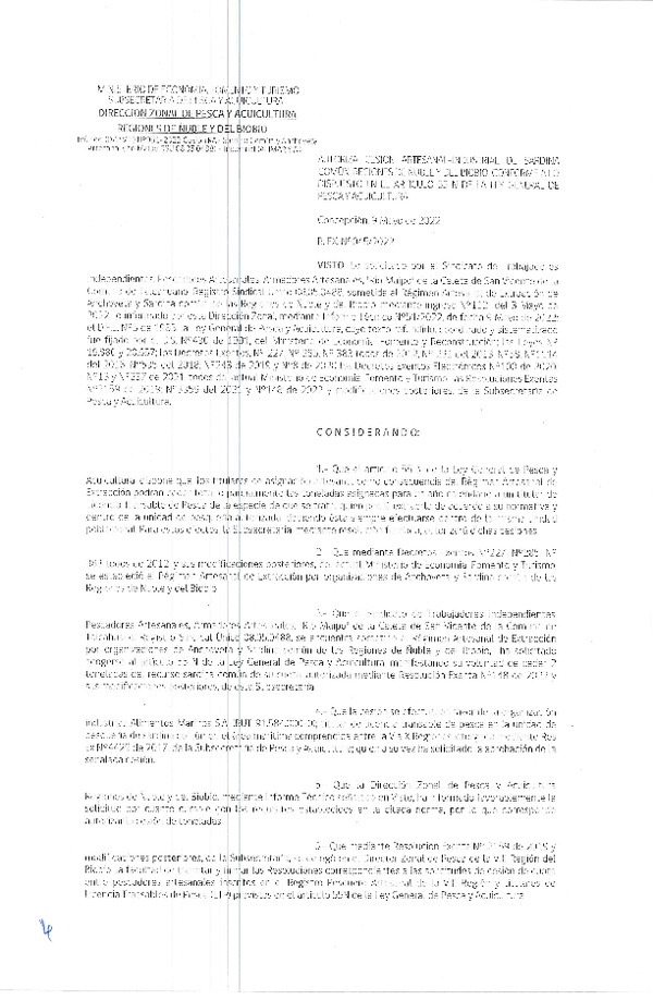 Res. Ex. N° 045-2022 (DZP Ñuble y del Biobío) Autoriza cesión Sardina Común. (Publicado en Página Web 10-05-2022)