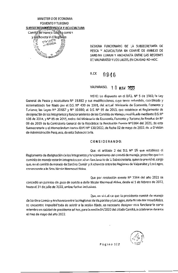 Res. Ex. N° 946-2022 Designa Funcionario de la Subsecretaría de Pesca y Acuicultura en Comité de Manejo de Sardina común y Anchoveta Entre las Regiones de Valparaíso y Los Lagos. (Publicado en Página Web 10-05-2022)