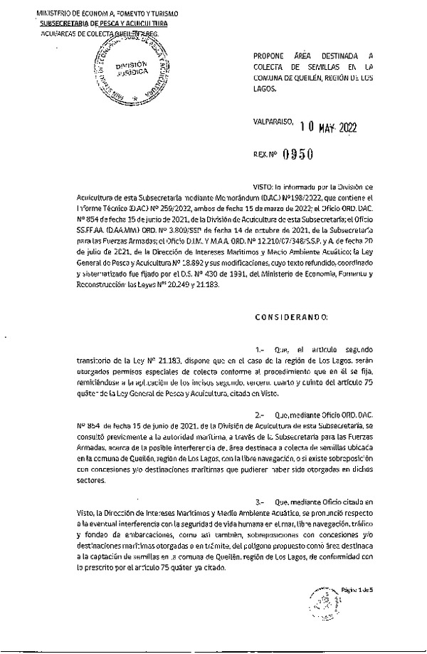 Res. Ex. N° 950-2022 Propone Áreas Destinadas a Colecta de Semillas en la Comuna de Queilén, Región de Los Lagos. (Publicado en Página Web 11-05-2022)