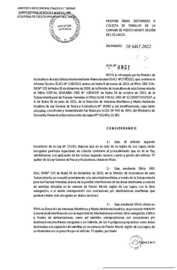 Res. Ex. N° 951-2022 Propone Áreas Destinadas a Colecta de Semillas en la Comuna de Puerto Montt, Región de Los Lagos. (Publicado en Página Web 11-05-2022)