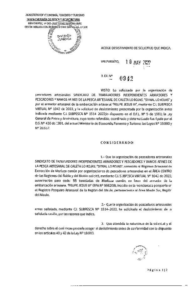 Res. Ex. N° 942-2022 Acoge desistimiento de solicitud que indica. (Publicado en Página Web 11-05-2022)