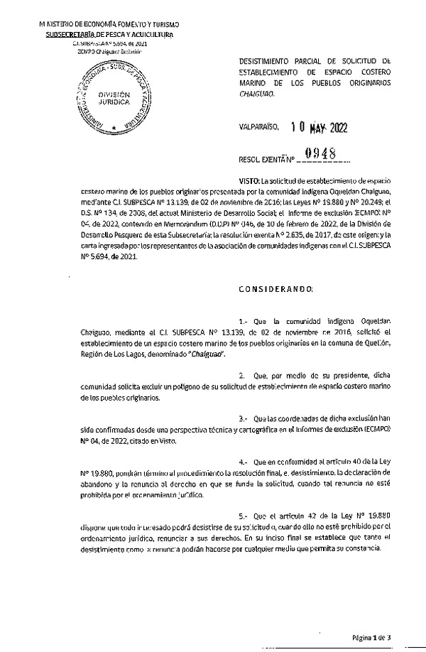 Res. Ex. N° 948-2022 Desistimiento Parcial de Solicitud de Establecimiento de ECMPO Chaiguao. (Publicado en Página Web 11-05-2022)