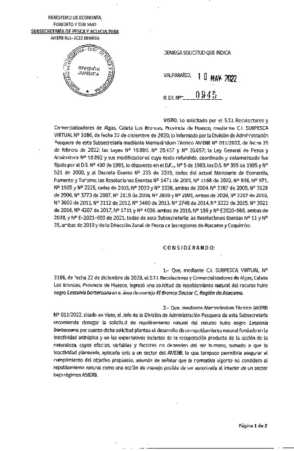 Res. Ex. N° 945-2022 Deniega solicitud que indica. (Publicado en Página Web 11-05-2022)