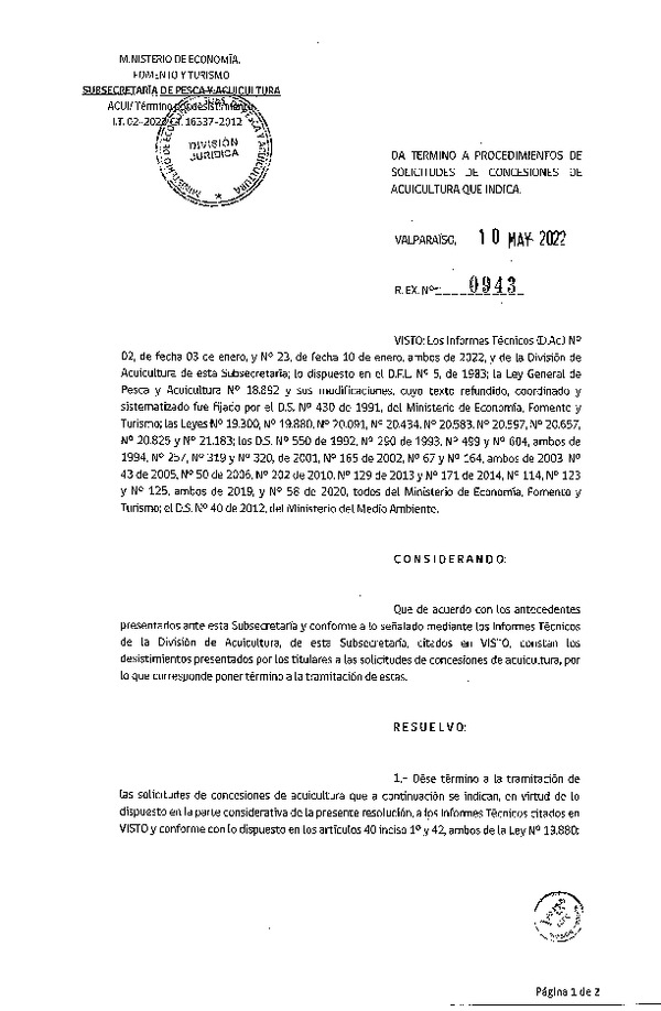 Res. Ex. N° 943-2022 Da término a procedimientos de solicitudes de concesiones de acuicultura que indica.