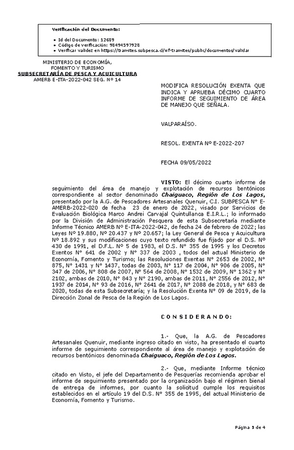 RESOL. EXENTA Nº E-2022-207 Modifica Resolución que indica. Aprueba 14° seguimiento. (Publicado en Página Web 11-05-2022)