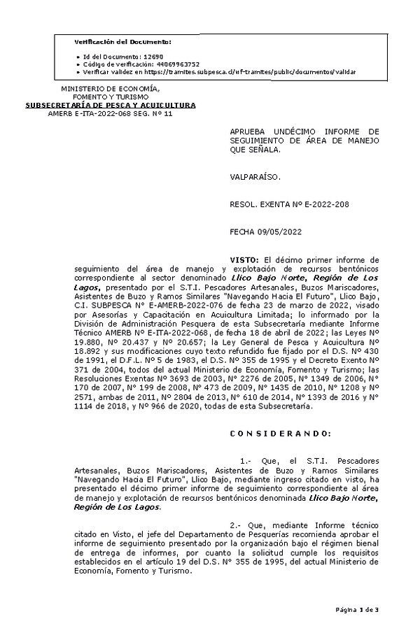 RESOL. EXENTA Nº E-2022-208  Aprueba 11° seguimiento. (Publicado en Página Web 11-05-2022)