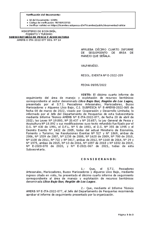 RESOL. EXENTA Nº E-2022-209  Aprueba 14° seguimiento. (Publicado en Página Web 11-05-2022)