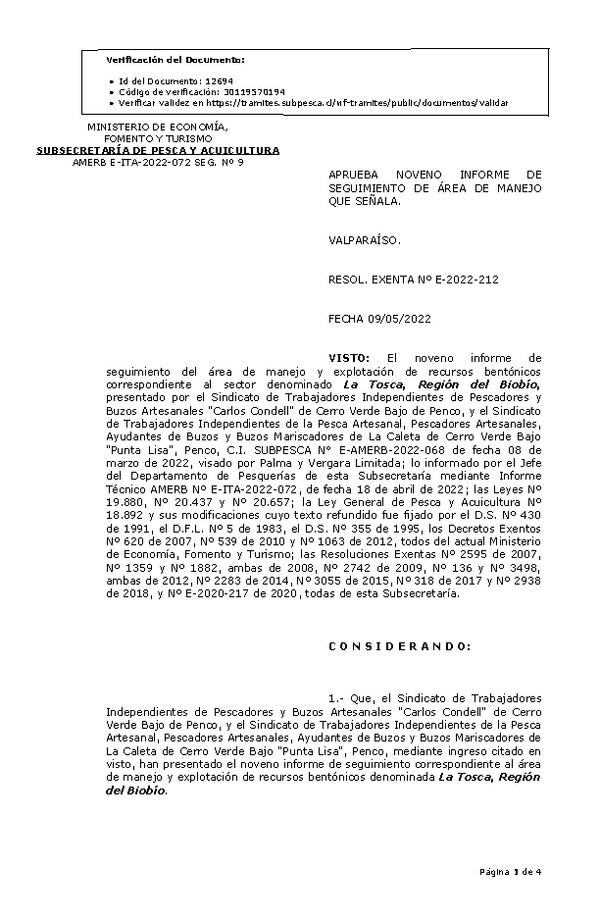 RESOL. EXENTA Nº E-2022-212 Aprueba 91° seguimiento. (Publicado en Página Web 11-05-2022)