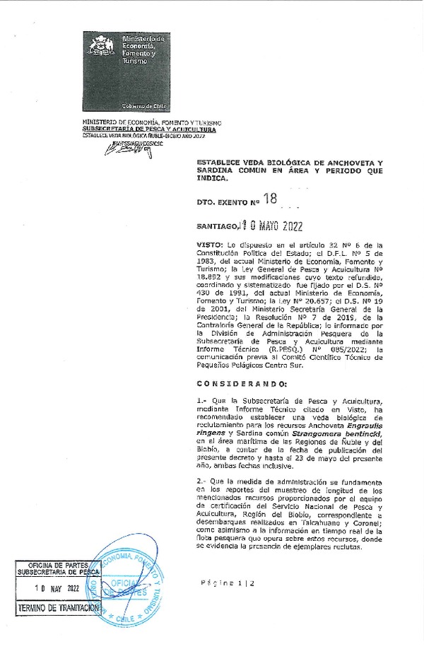 Dec. Ex. N°18-2022 Establece Veda Biológica de Anchoveta y Sardina Común, Regiones de Ñuble y del Biobío. (Publicado en Página Web 11-05-2022)