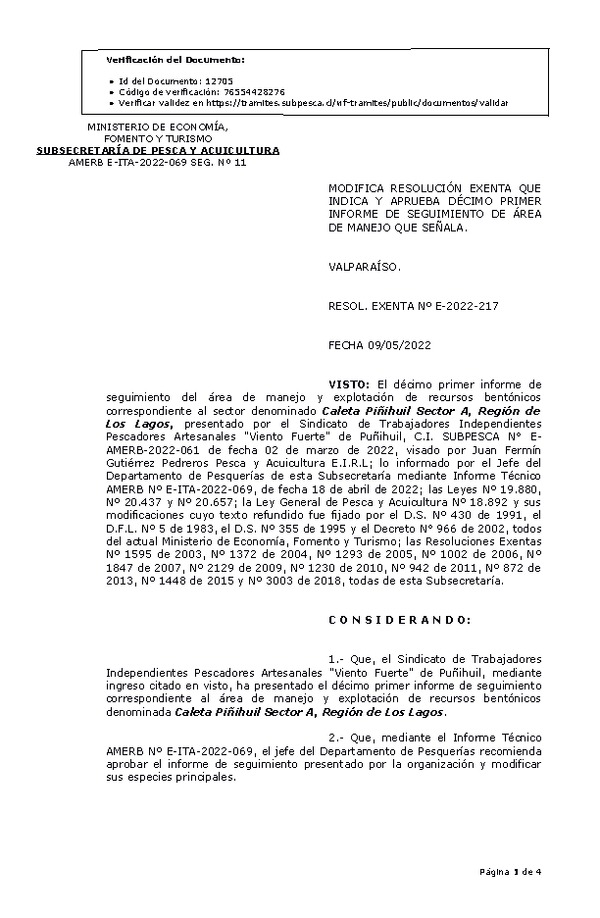 RESOL. EXENTA Nº E-2022-217 Modifica Resolución que Indica, Aprueba 11° Seguimiento. (Publicado en Página Web 12-05-2022)