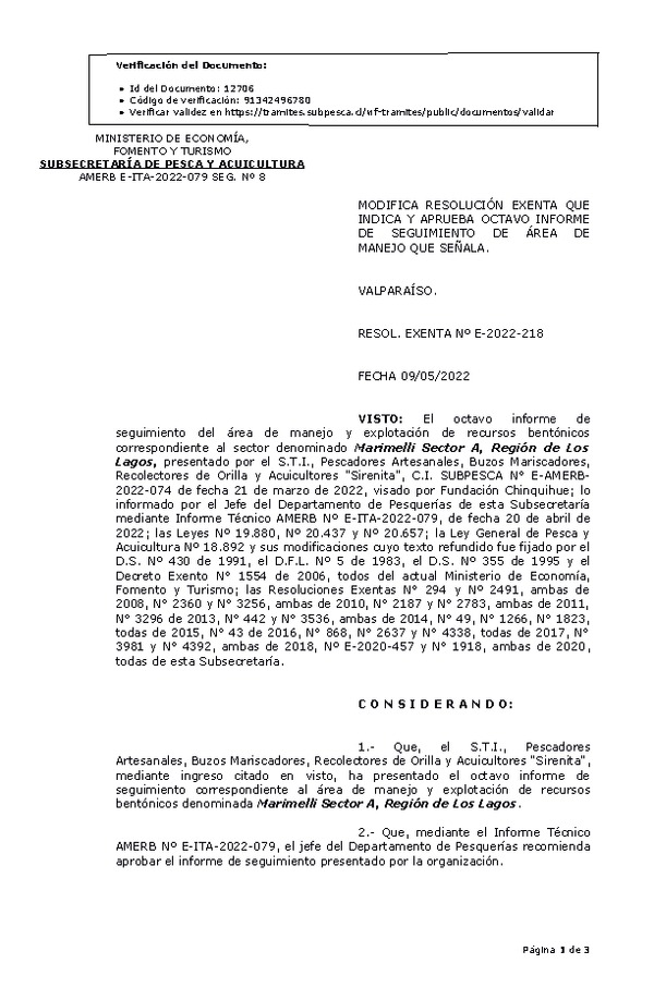 RESOL. EXENTA Nº E-2022-218 Modifica Resolución que Indica, Aprueba 8° Seguimiento. (Publicado en Página Web 12-05-2022)