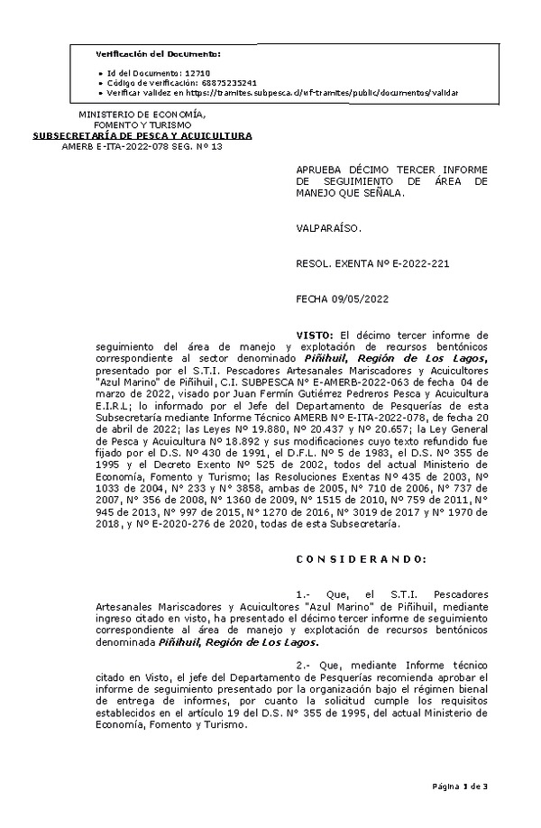 RESOL. EXENTA Nº E-2022-221  Aprueba 13° Seguimiento. (Publicado en Página Web 12-05-2022)