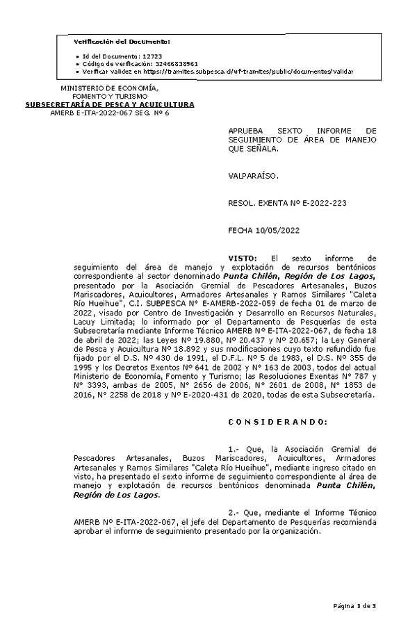 RESOL. EXENTA Nº E-2022-223  Aprueba 6° Seguimiento. (Publicado en Página Web 12-05-2022)