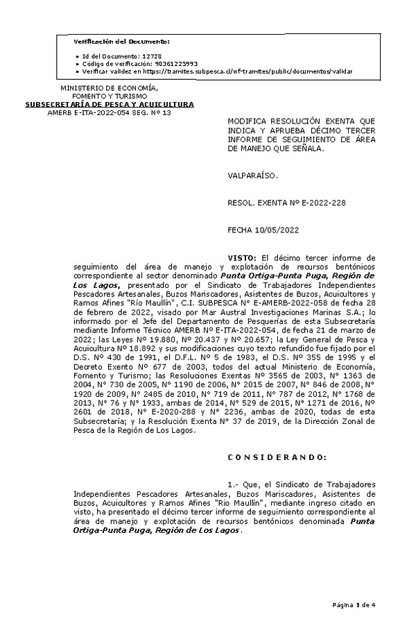 RESOL. EXENTA Nº E-2022-228  Modifica Resolución que indica. Aprueba 13° Seguimiento. (Publicado en Página Web 12-05-2022)