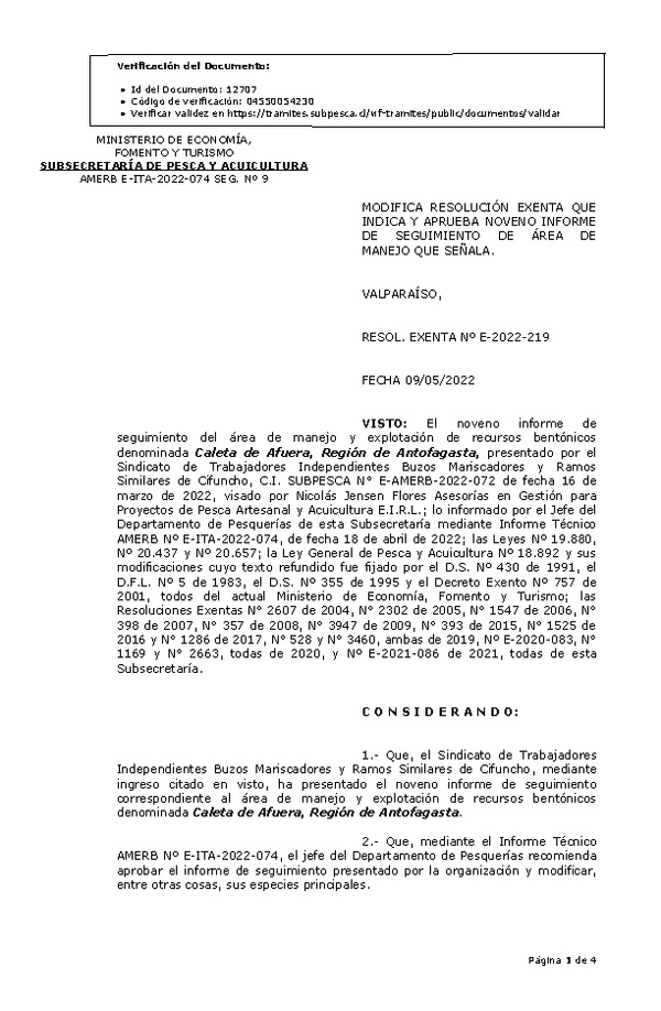 RESOL. EXENTA Nº E-2022-219  Modifica Resolución que indica. Aprueba 9° Seguimiento. (Publicado en Página Web 12-05-2022)