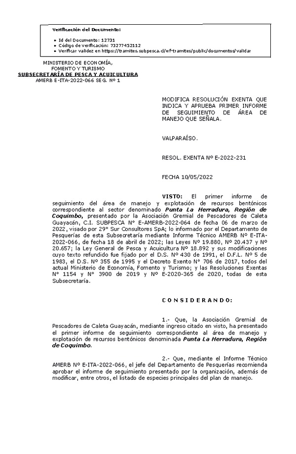 RESOL. EXENTA Nº E-2022-231 Modifica resolución que indica,  Aprueba 1° seguimiento. (Publicado en Página Web 12-05-2022)