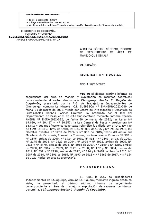 RESOL. EXENTA Nº E-2022-229 Aprueba 17° seguimiento. (Publicado en Página Web 12-05-2022)