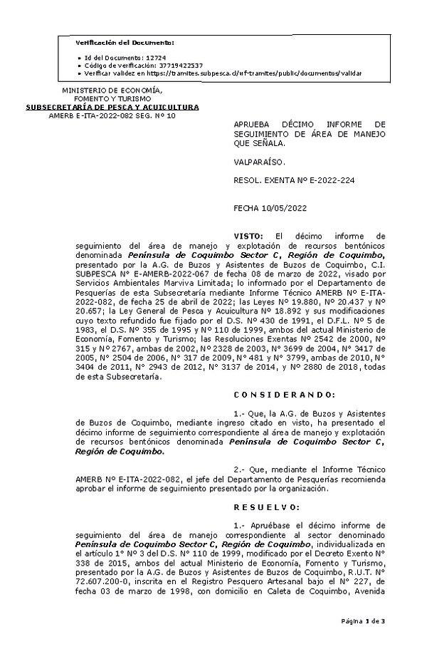 RESOL. EXENTA Nº E-2022-224 Aprueba 10° seguimiento. (Publicado en Página Web 12-05-2022)