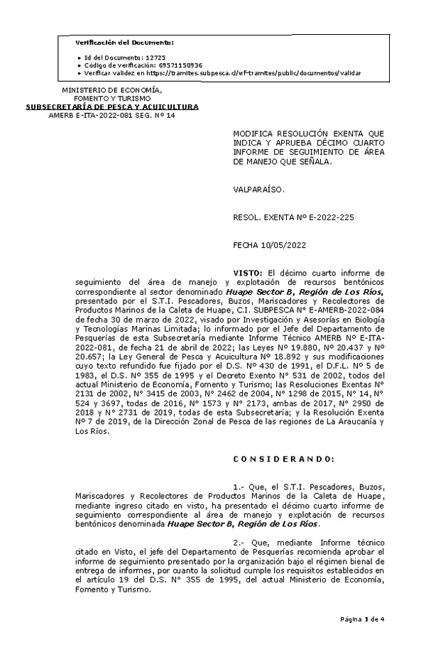 RESOL. EXENTA Nº E-2022-225 Modifica resolución que indica, Aprueba 14° seguimiento. (Publicado en Página Web 12-05-2022)