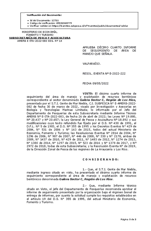 RESOL. EXENTA Nº E-2022-222 Aprueba 14° seguimiento. (Publicado en Página Web 12-05-2022)