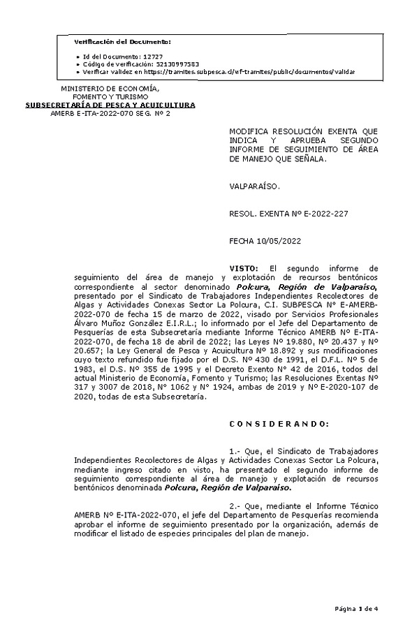 RESOL. EXENTA Nº E-2022-227 Modifica resolución que indica, Aprueba 2° seguimiento. (Publicado en Página Web 12-05-2022)