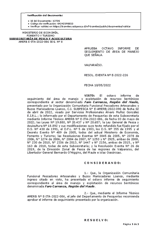 RESOL. EXENTA Nº E-2022-226 Aprueba 8° seguimiento. (Publicado en Página Web 12-05-2022)