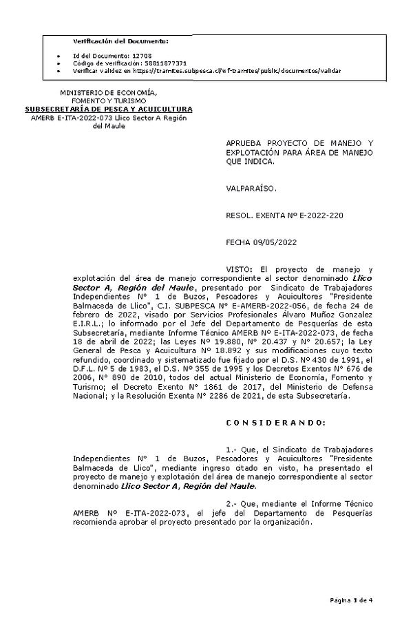 RESOL. EXENTA Nº E-2022-220 Aprueba plan de manejo. (Publicado en Página Web 12-05-2022)