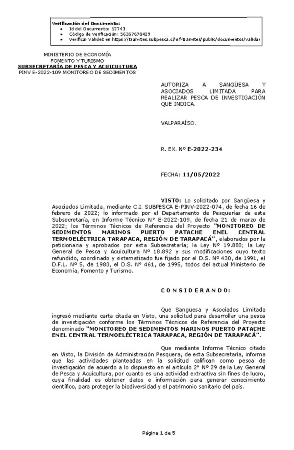 R. EX. Nº E-2022-234 MONITOREO DE SEDIMENTOS MARINOS PUERTO PATACHE ENEL CENTRAL TERMOELÉCTRICA TARAPACA, REGIÓN DE TARAPACÁ. (Publicado en Página Web 12-05-2022)