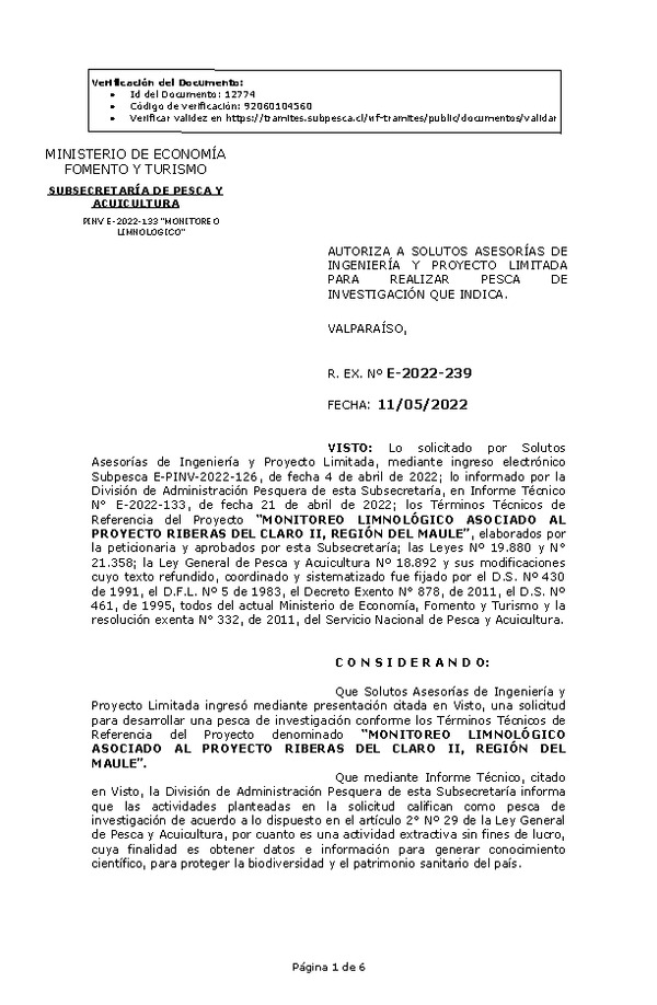 R. EX. Nº E-2022-239 MONITOREO LIMNOLÓGICO ASOCIADO AL PROYECTO RIBERAS DEL CLARO II, REGIÓN DEL MAULE. (Publicado en Página Web 12-05-2022)