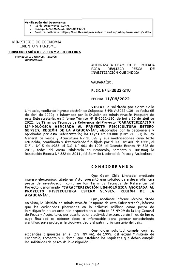 R. EX. Nº E-2022-240 CARACTERIZACIÓN LIMNOLÓGICA ASOCIADA AL PROYECTO PISCICULTURA ESTERO SENSEN, REGIÓN DE LA ARAUCANÍA. (Publicado en Página Web 12-05-2022)