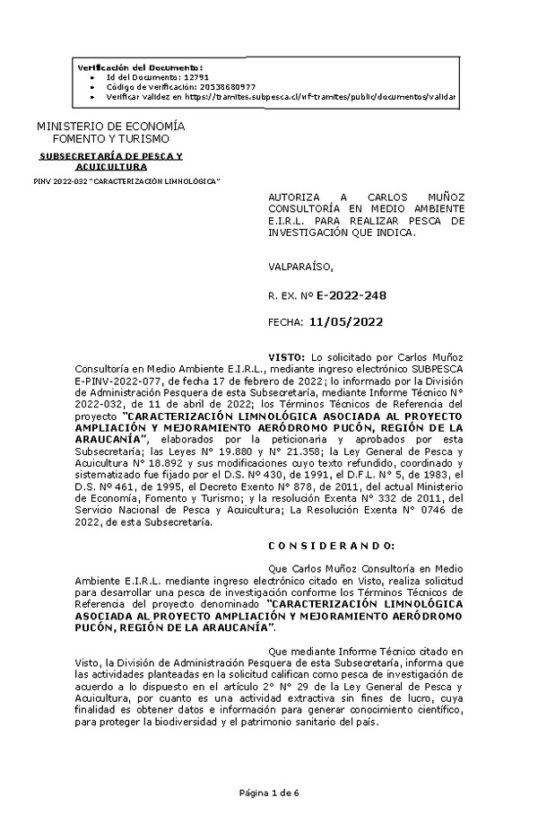 R. EX. Nº E-2022-248 CARACTERIZACIÓN LIMNOLÓGICA ASOCIADA AL PROYECTO AMPLIACIÓN Y MEJORAMIENTO AERÓDROMO PUCÓN, REGIÓN DE LA ARAUCANÍA. (Publicado en Página Web 12-05-2022)