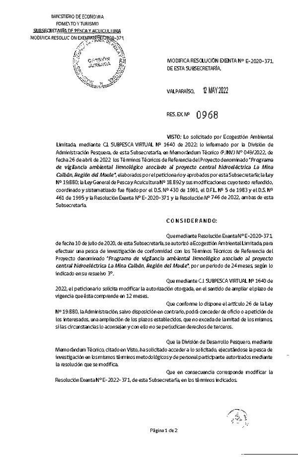 Res. Ex. N° 968-2022 Modifica R. EX. Nº E-2020-371 Programa de vigilancia ambiental limnológico asociado al proyecto Central Hidroeléctrica La Mina Colbún, Región del Maule. (Publicado en Página Web 13-05-2022)