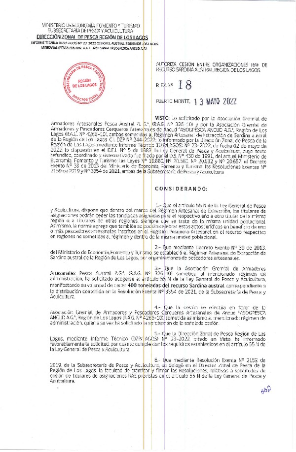 Res. Ex. N° 18-2022 (DZP Los Lagos) Autoriza cesión sardina austral Región de Los Lagos. (Publicado en Página Web 13-05-2022)
