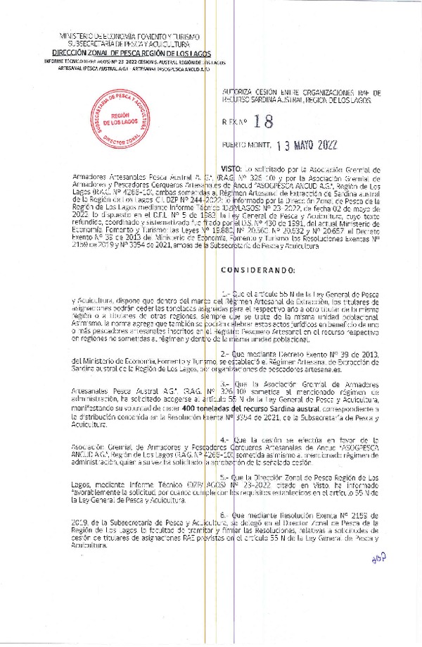 Res. Ex. N° 18-2022 (DZP Los Lagos) Autoriza cesión sardina austral Región de Los Lagos. (Publicado en Página Web 13-05-2022)
