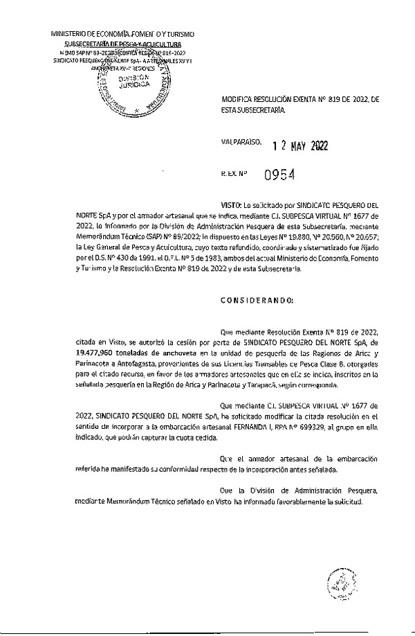 Res. Ex. N° 954-2022 Modifica Res. Ex. N° 0819-2022, Autoriza Cesión unidad de pesquería Anchoveta, Regiones de Arica y Parinacota a Antofagasta. (Publicado en Página Web 13-05-2022)