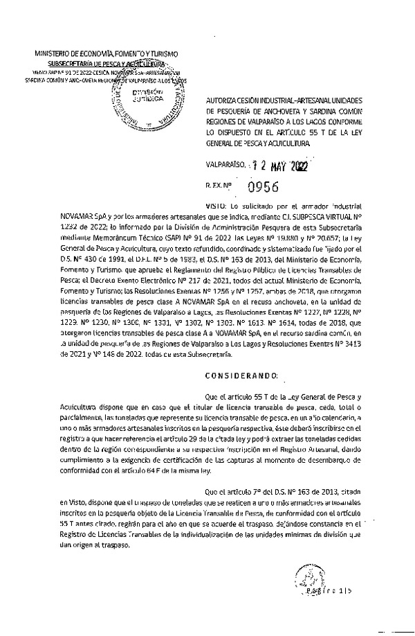 Res. Ex. N° 956-2022, Autoriza Cesión unidad de pesquería Anchoveta y Sardina Común, Regiones Valparaíso a Los Lagos. (Publicado en Página Web 13-05-2022)