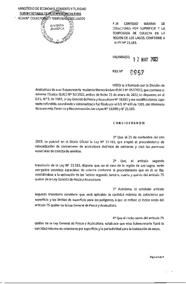 Res. Ex. N° 957-2022 Fija Cantidad Máxima de cOlectores por Superficie y la Temporada de Colecta en la Región de Los Lagos, Conforme a la Ley N° 21.183. (Publicado en Página Web 13-05-2022)