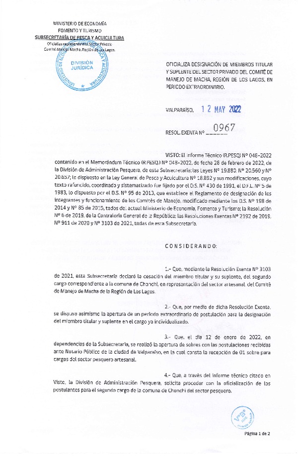 Res. Ex. N° 967-2022 Oficializa Designación de Miembros Titular y Suplente del Sector Privado del Comité de Manejo de Macha, Región de Los Lagos. (Publicado en Página Web 13-05-2022)