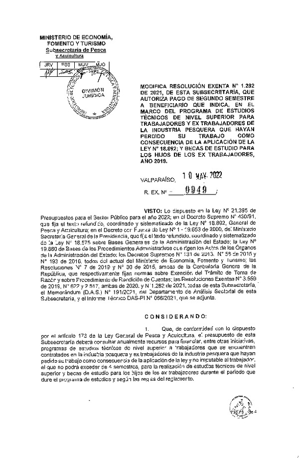 Res. Ex. N° 949-2022 Modifica Res. Ex. N° 1282-2021 Que Autoriza pago a beneficiarios que se indican. (Publicado en Página Web 13-05-2022)