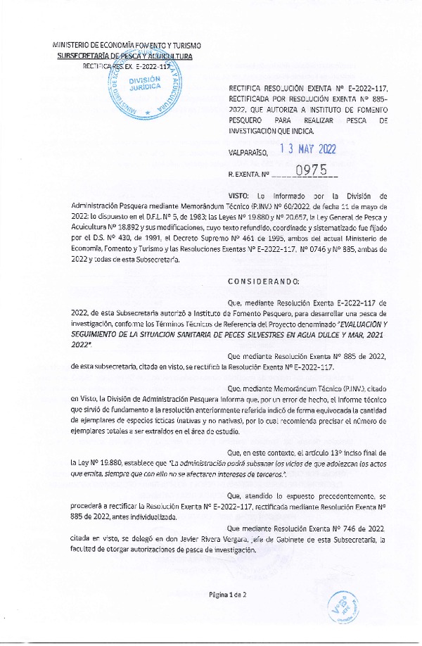 Res. Ex. N° 975-2022 Rectifica R. EX. Nº E-2022-117 EVALUACIÓN Y SEGUIMIENTO DE LA SITUACIÓN SANITARIA DE PECES SILVESTRES EN AGUA DULCE Y MAR, 2021-2022. (Publicado en Página Web 13-05-2022)