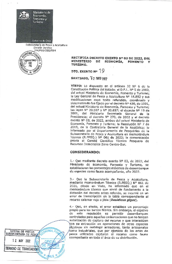 Dec. Ex. N° 19-2022 Rectifica Dec. Ex. N° 03-2022 Establece porcentajes de desembarque de especies como fauna acompañante, año 2022. (Publicado en Página Web 16-05-2022)