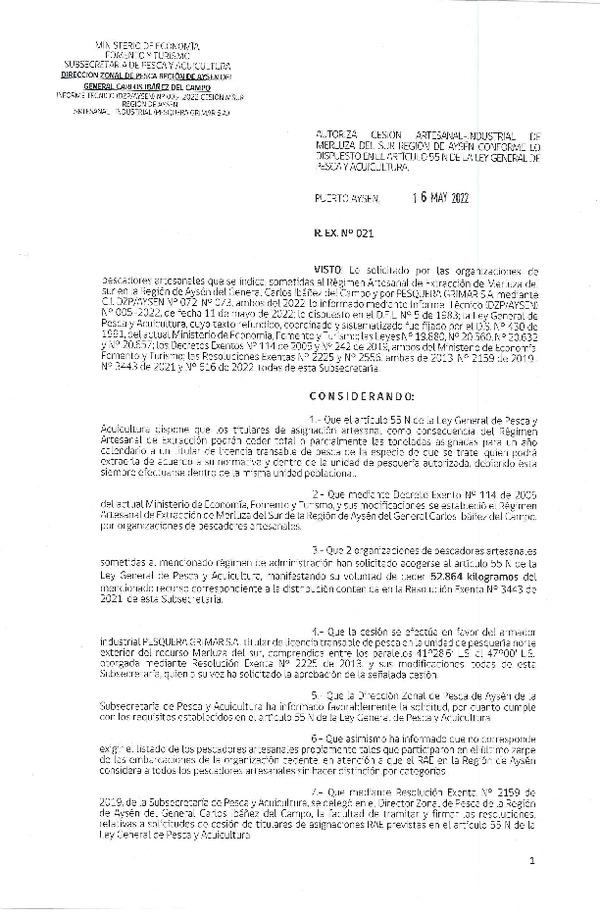 Res. Ex. N° 021-2022 (DZP Aysén) Autoriza cesión Merluza del Sur. (Publicado en Página Web 16-05-2022)
