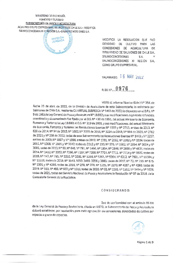 Res. Ex. N° 976-2022 Modifica Res. Ex. N° 0238-2022 Fija densidad de cultivo para las concesiones de titularidad de Salmones de Chile S.A., Salmoconcencesiones S.A. y Salmoconcesiones XI Región S.A. (Con Informe Técnico)(Publicado en Página Web 16-05-2022)