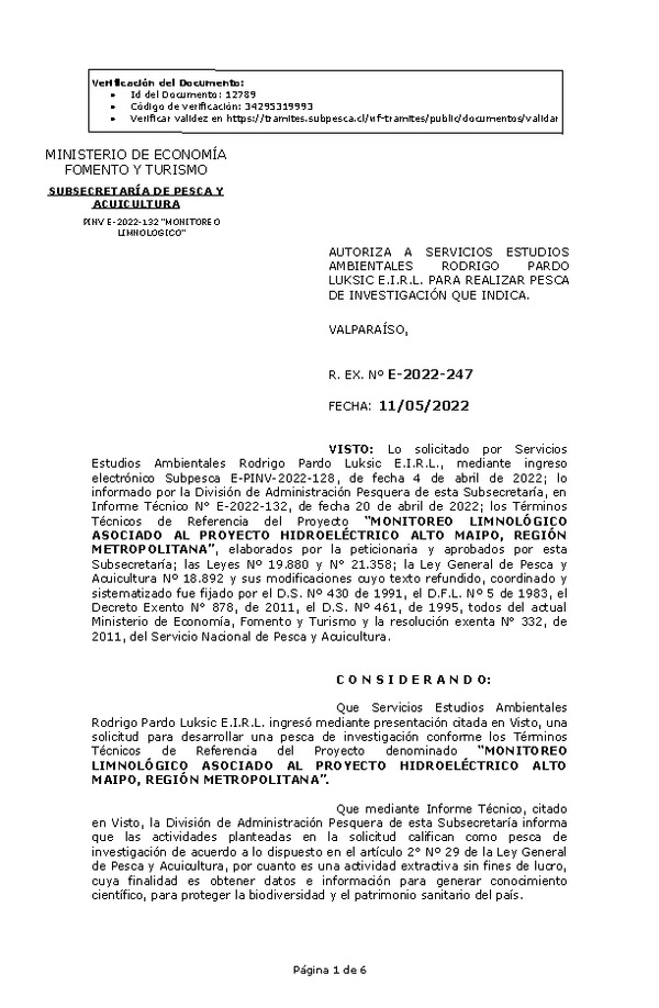 R. EX. Nº E-2022-247 MONITOREO LIMNOLÓGICO ASOCIADO AL PROYECTO HIDROELÉCTRICO ALTO MAIPO, REGIÓN METROPOLITANA. (Publicado en Página Web 05-05-2022)