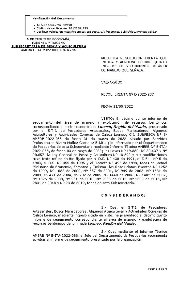 RESOL. EXENTA Nº E-2022-237 Modifica resolución que indica, Aprueba 15° seguimiento. (Publicado en Página Web 17-05-2022)