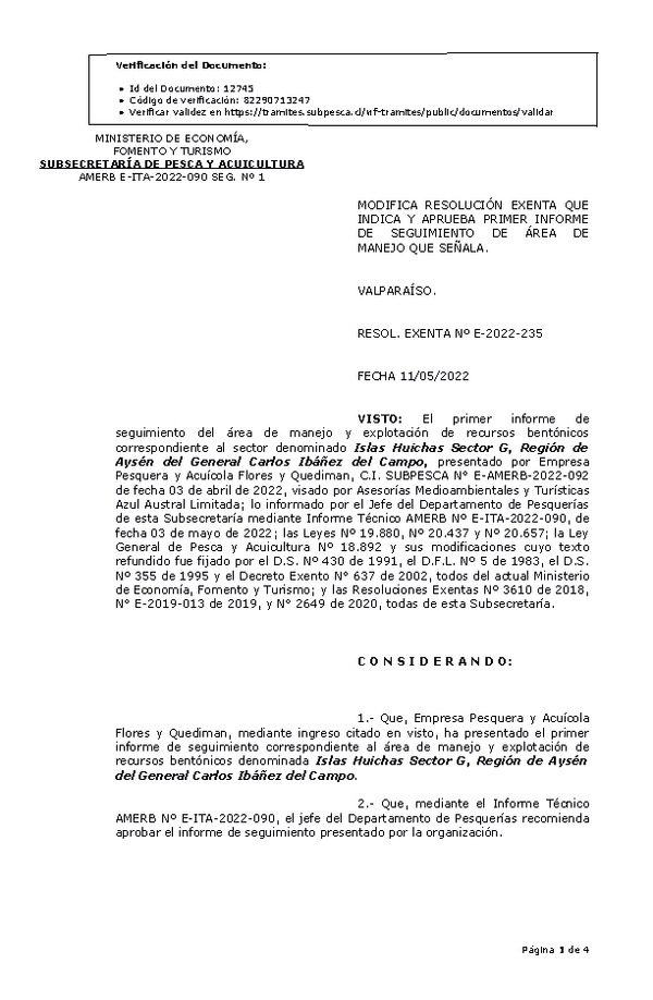 RESOL. EXENTA Nº E-2022-235 Modifica resolución que indica, Aprueba 1° seguimiento. (Publicado en Página Web 17-05-2022)