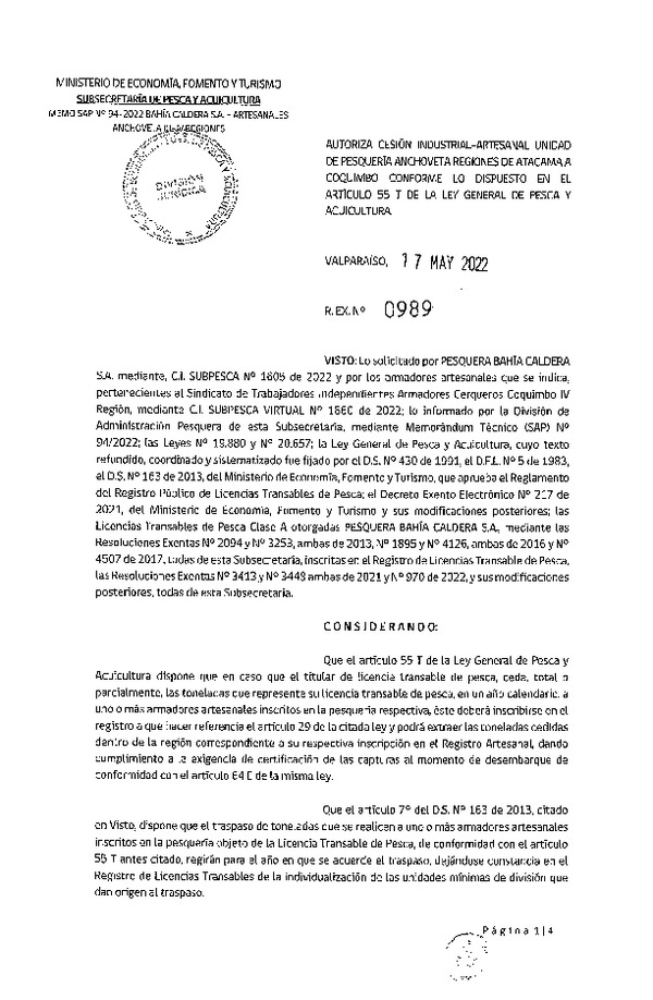 Res. Ex. N° 0989-2022, Autoriza Cesión unidad de pesquería Anchoveta, Regiones de Atacama a Coquimbo. (Publicado en Página Web 17-05-2022)