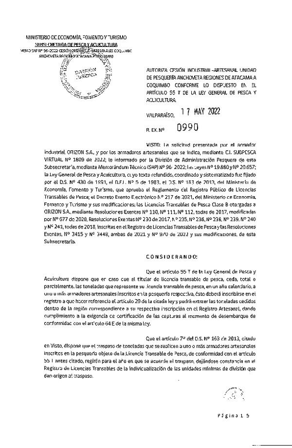 Res. Ex. N° 0990-2022, Autoriza Cesión unidad de pesquería Anchoveta, Regiones de Atacama a Coquimbo. (Publicado en Página Web 17-05-2022)