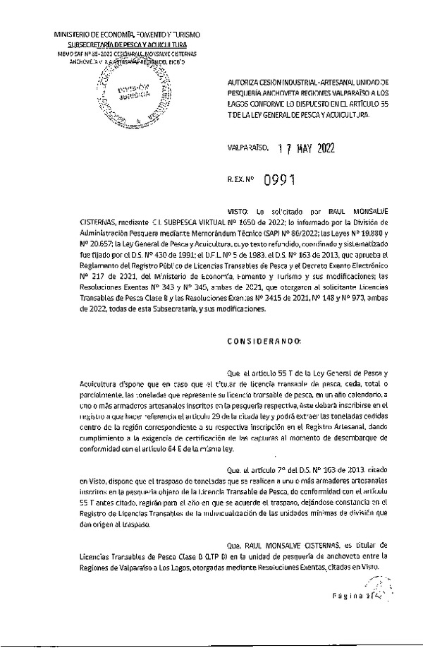 Res. Ex. N° 991-2022, Autoriza Cesión unidad de pesquería Anchoveta, Regiones Valparaíso a Los Lagos. (Publicado en Página Web 17-05-2022)
