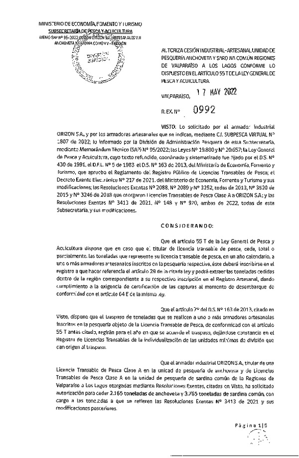 Res. Ex. N° 992-2022, Autoriza Cesión unidad de pesquería Anchoveta y Sardina común, Regiones Valparaíso a Los Lagos. (Publicado en Página Web 17-05-2022)